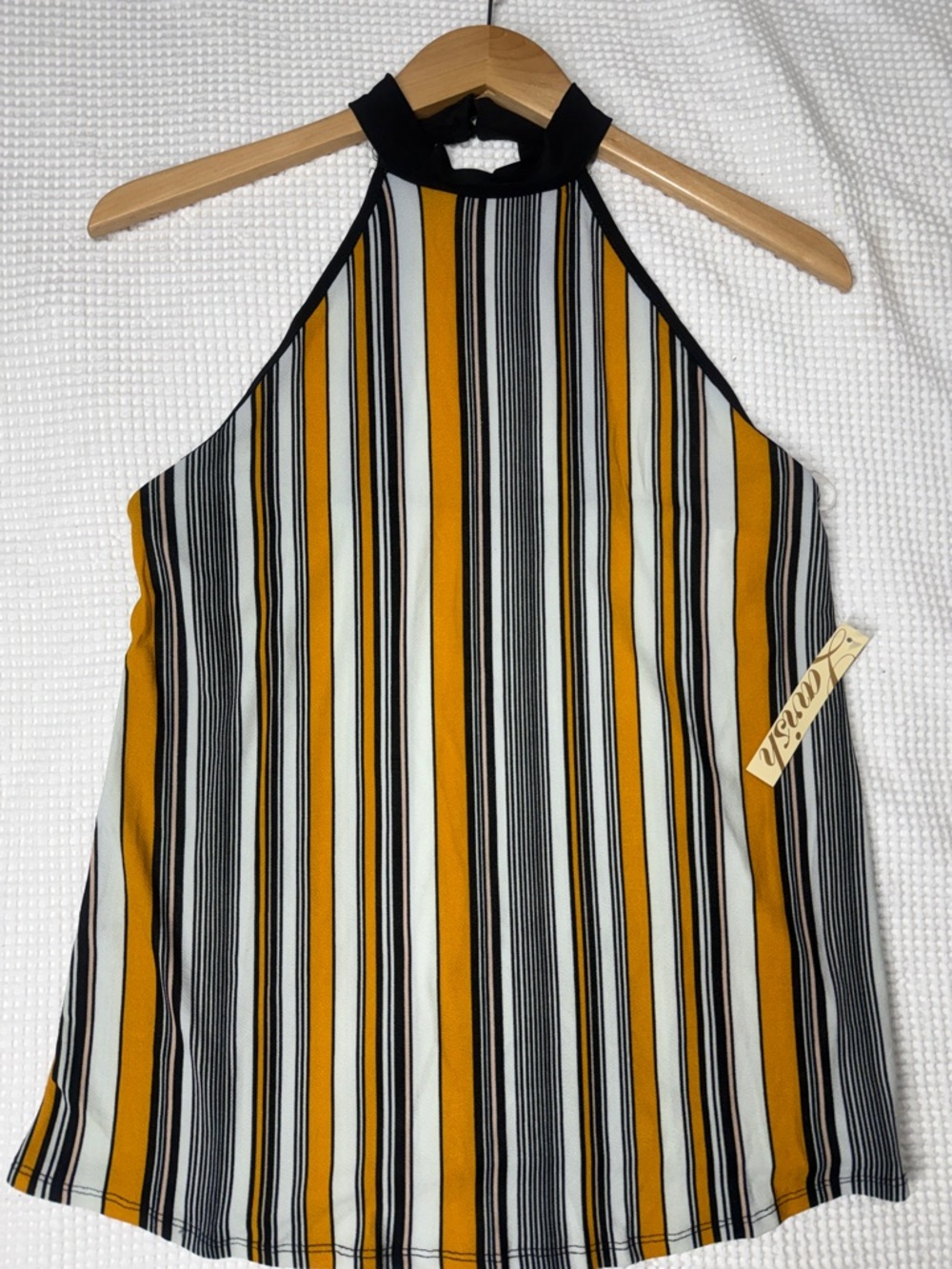 LAVISH - Striped Halter Neck Tank Top - Mustard/Black/White - Medium